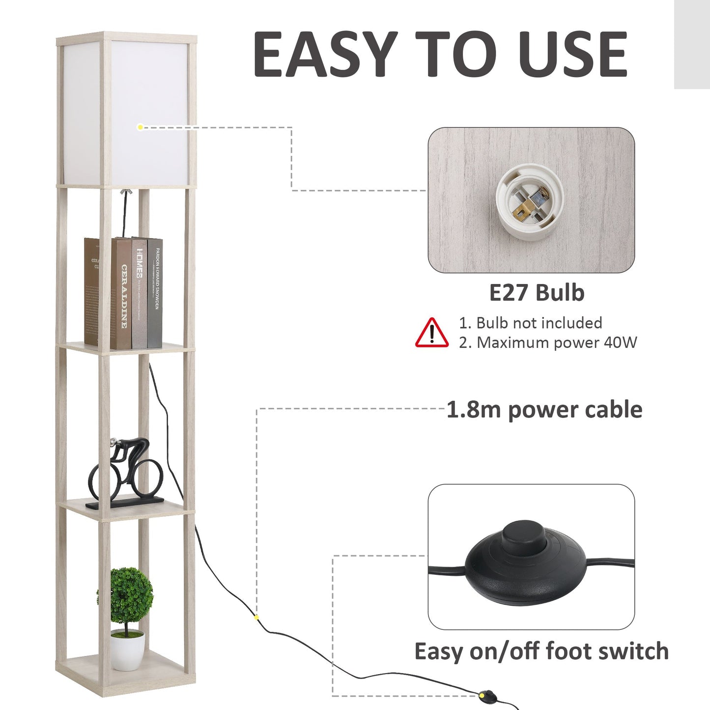 Medium-density fibreboard 3-Tier Shelves Floor Lamp Oak/White