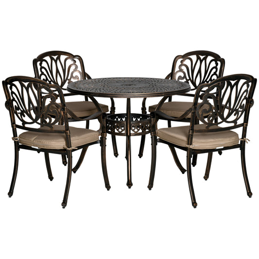 4 Seater Outdoor Dining Set Antique Cast Aluminium Garden Furniture Set with Cushions Round Dining Table with Parasol Hole