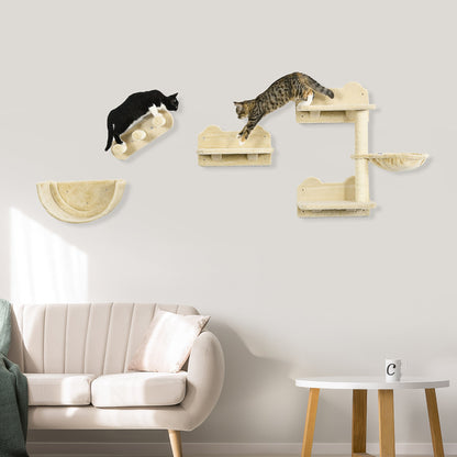 PawHut 4PCs Wall-Mounted Cat Shelves w/ Scratching Post