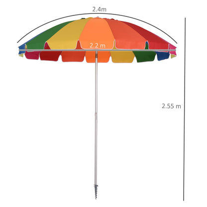 Arc. 2.4m Beach Umbrella with Sand Anchor Adjustable Tilt Carry Bag for Outdoor Patio Multicolour