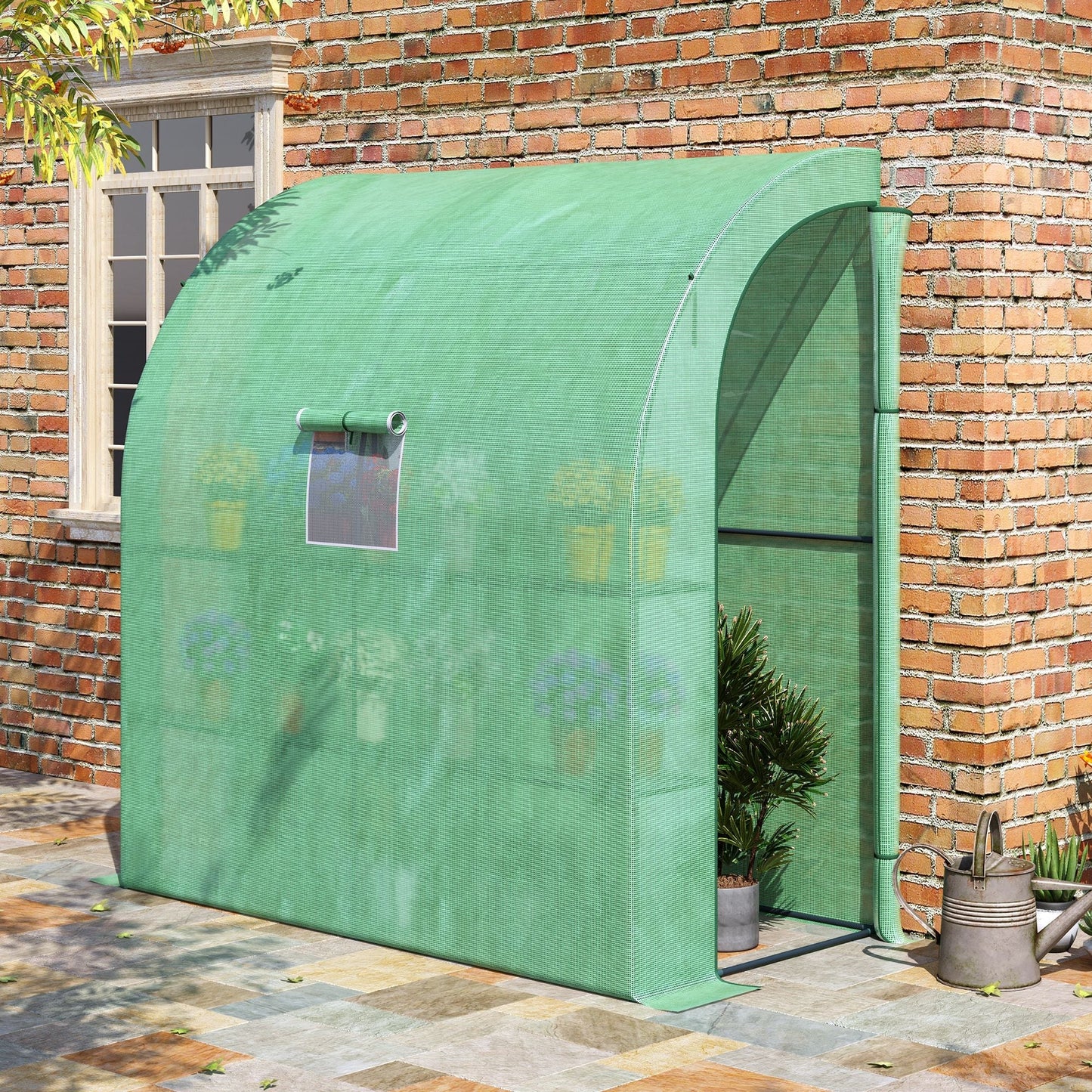 Walk-In Lean to Wall Greenhouse with Windows and Doors 2 Tiers 4 Wired Shelves 200L x 100W x 215H cm Green