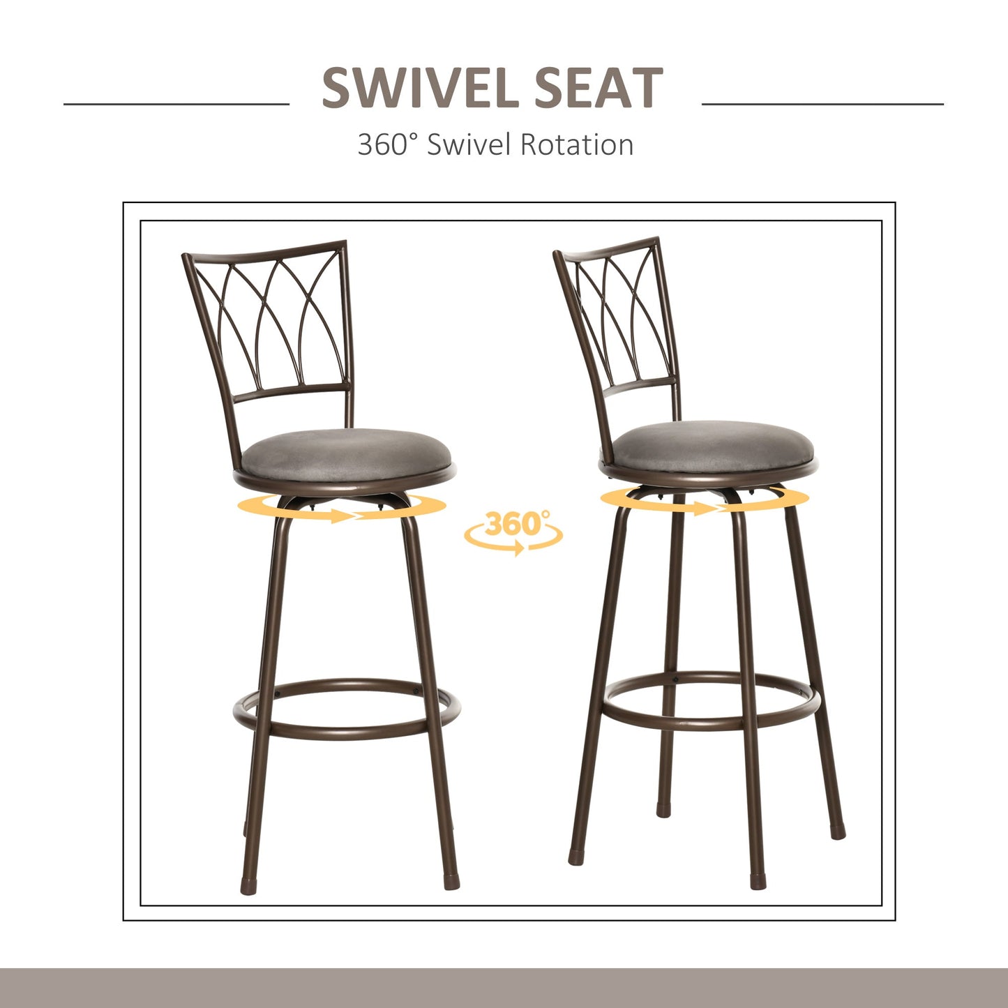 Set of 2 Bar Chairs Swivel Armless Upholstered Metal Frame Barstools with Backrest & Footrest