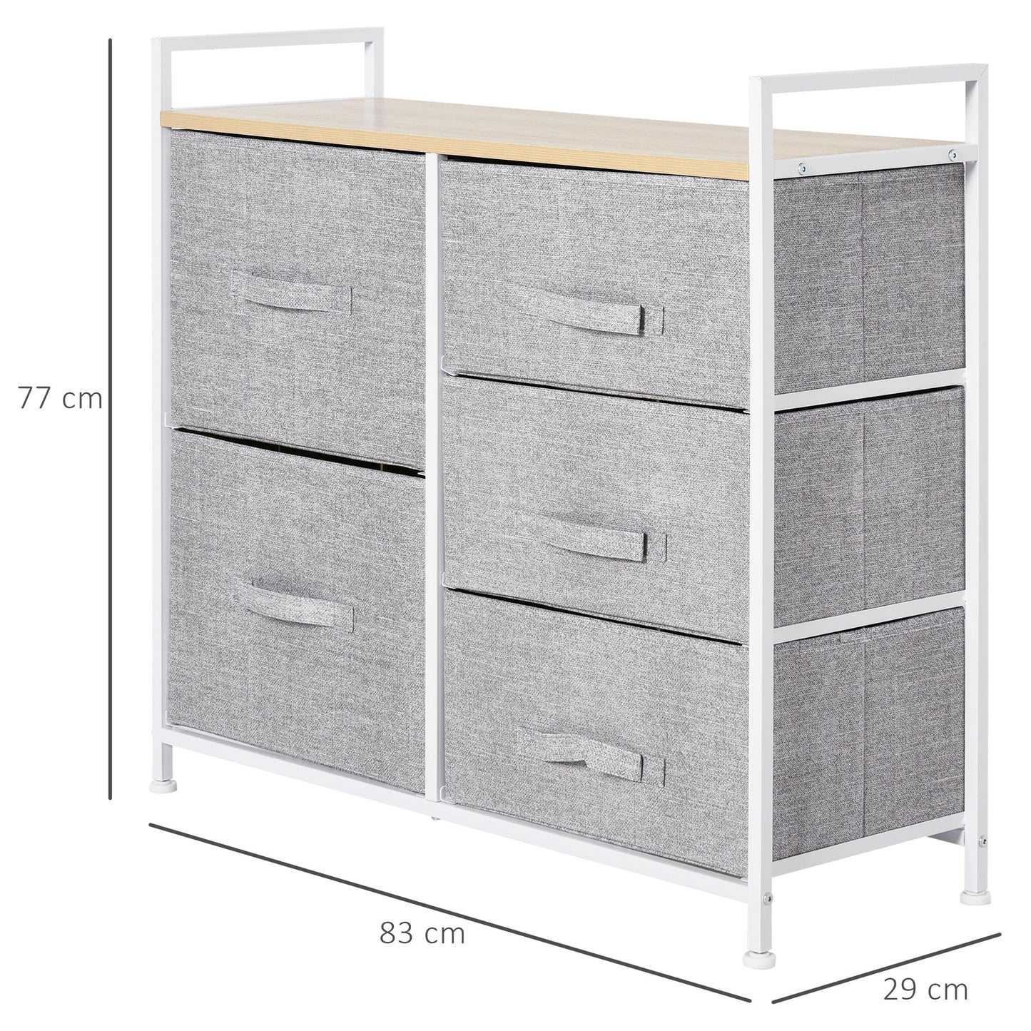 5 Drawer Linen Basket Storage Unit Home Organisation w/ Shelf Handles Metal Frame Adjustable Feet Hallway Home Dresser Grey