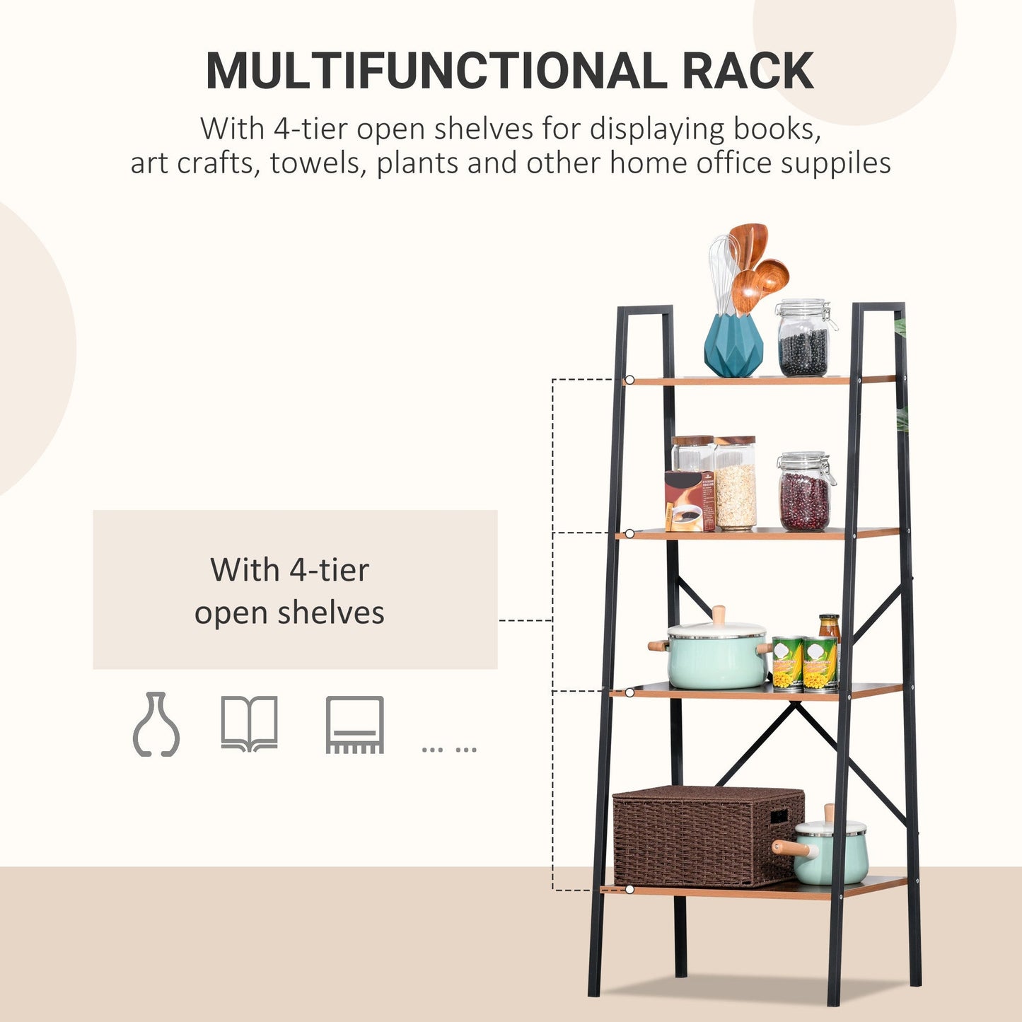 Four-Tier Metal Frame Minimal Shelving Unit - Wood-Effect