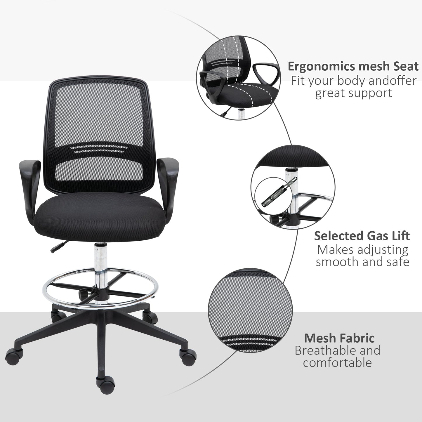 Vinsetto Ergonomic Mesh Back Draughtsman Chairs Tall Office Chair with Adjustable Height and Footrest 360° Swivel