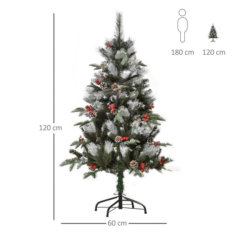 4 Foot Artificial Snow Dipped Christmas Tree Xmas Pencil Tree with Foldable Feet Red Berries White Pinecones