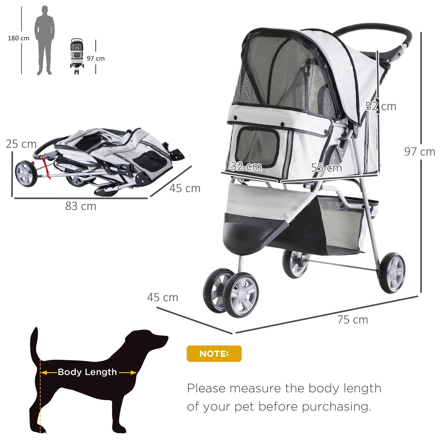 PawHut Pet Travel Stroller Cat Dog Pushchair Trolley Puppy Jogger Carrier Three Wheels for Small Miniature DogsGrey