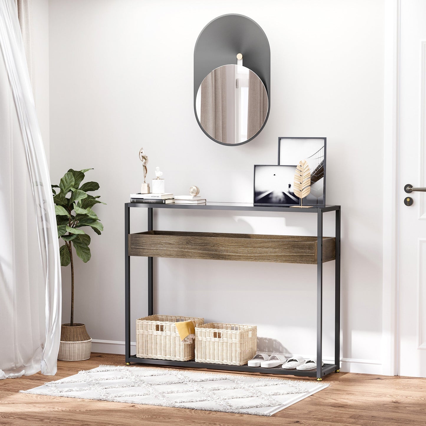 Industrial Style Console Table Sofa Table with Tempered Glass Top and Steel Frame for Living Room Hallway Entrance