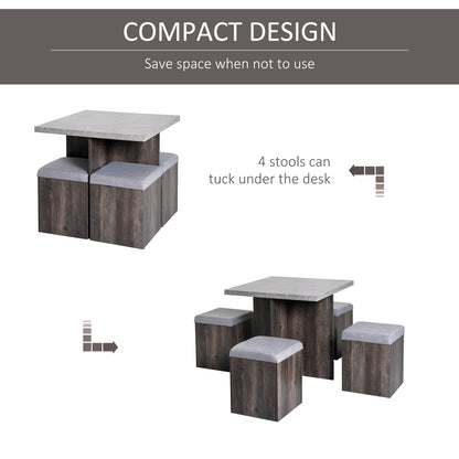 5-Piece Dining Set Garden Patio Wooden Set 4 Storage Stools Footrest Ottoman with Cushions + 1 Table Space Saving Design Indoor Outdoor