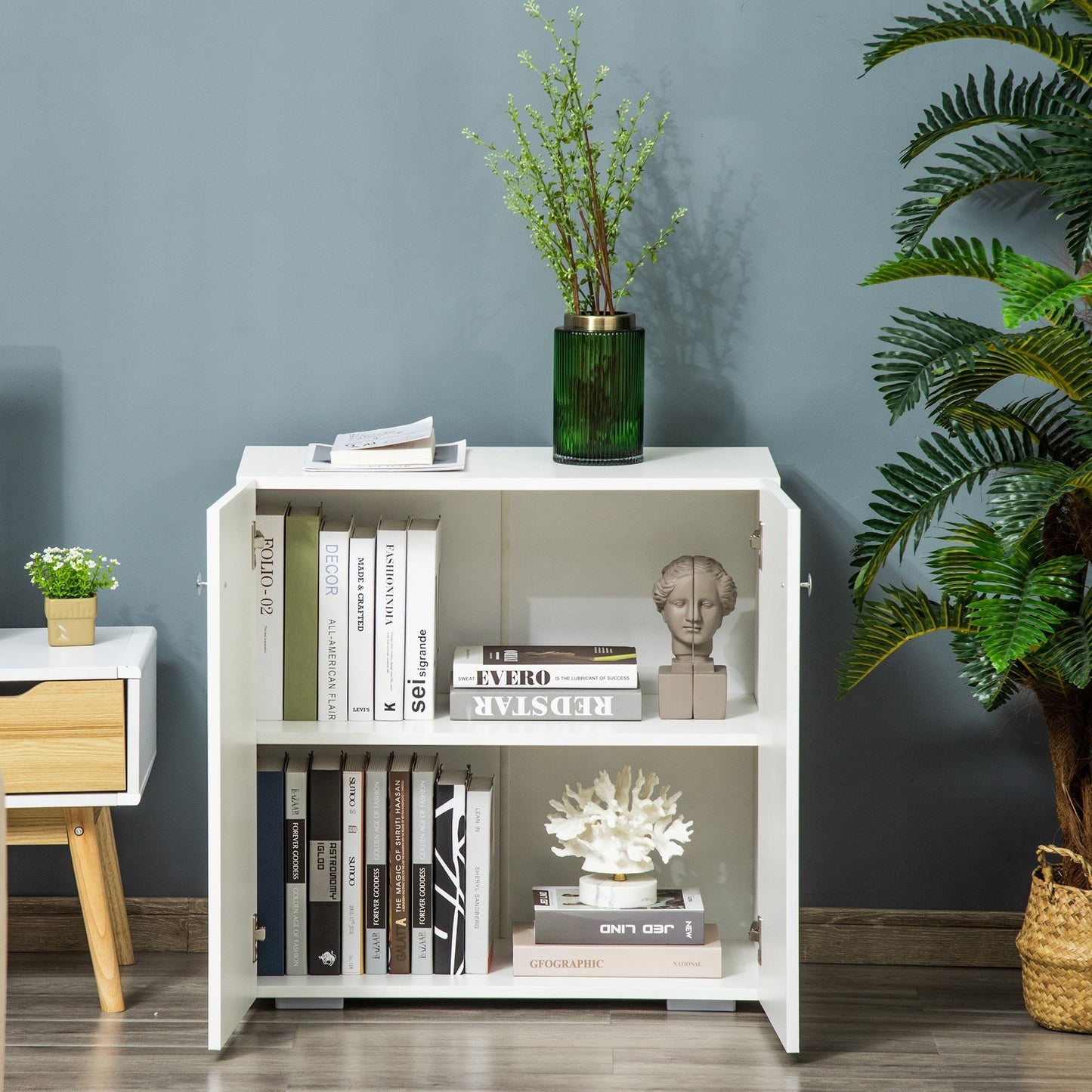 Storage Cabinet w/ Two Shelves Wooden Sideboard Freestanding Kitchen Cupboard Bookcase - White