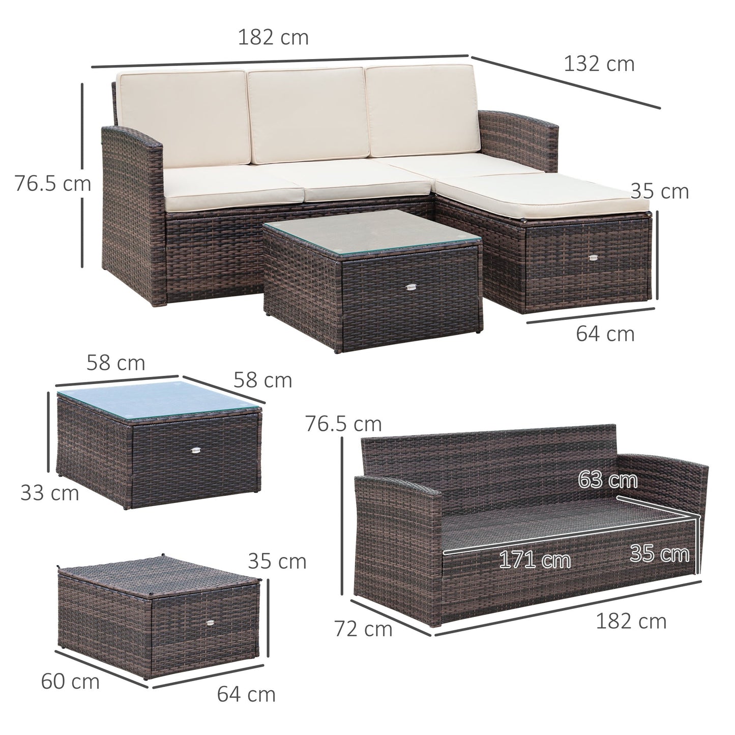 Rattan Garden Furniture Outdoor Patio 4 Seater Corner Sofa and Coffee Table Set Footstool with Thick Cushions Brown