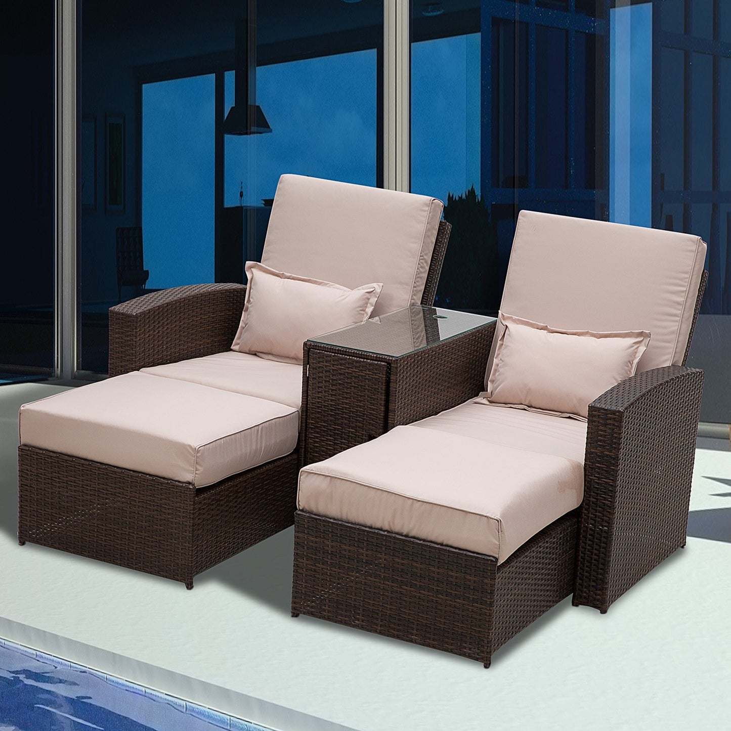 2 Seater Rattan Sofa Lounger Set-Brown