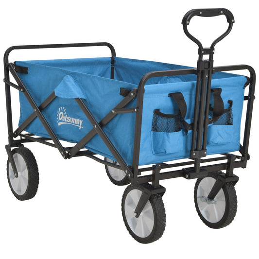 Pull Along Cart Folding Cargo Wagon Trailer Trolley for Beach Garden Use with Telescopic Handle - Blue