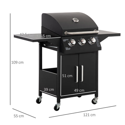 Outsunny 3 Burner Gas Bbq Grill Outdoor Portable Barbecue Trolley W/ Warming Rack