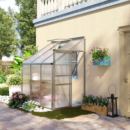 6 x 4ft Lean to Wall Polycarbonate Greenhouse Aluminium Walk-in Garden Greenhouse with Adjustable Roof Vent