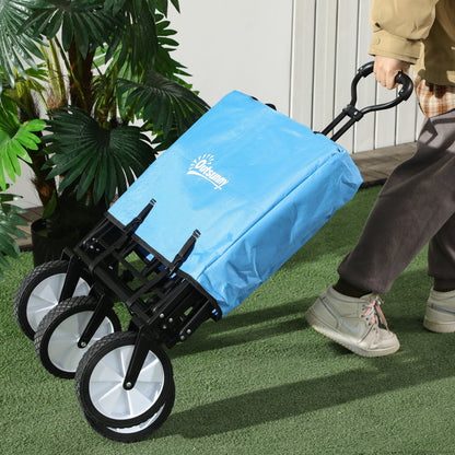 Pull Along Cart Folding Cargo Wagon Trailer Trolley for Beach Garden Use with Telescopic Handle - Blue