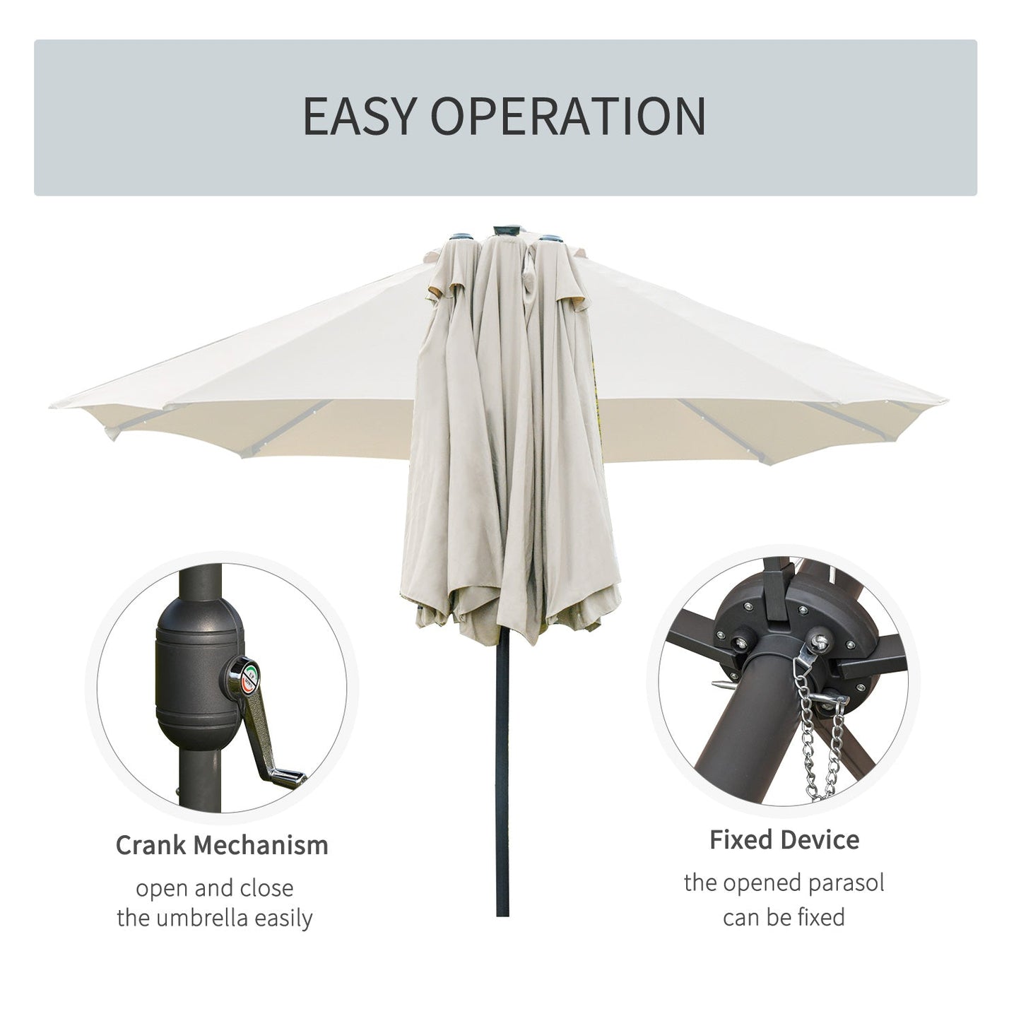 Outsunny 4.4M Double-Sided Sun Umbrella Patio Parasol Led Solar Lights Cream White