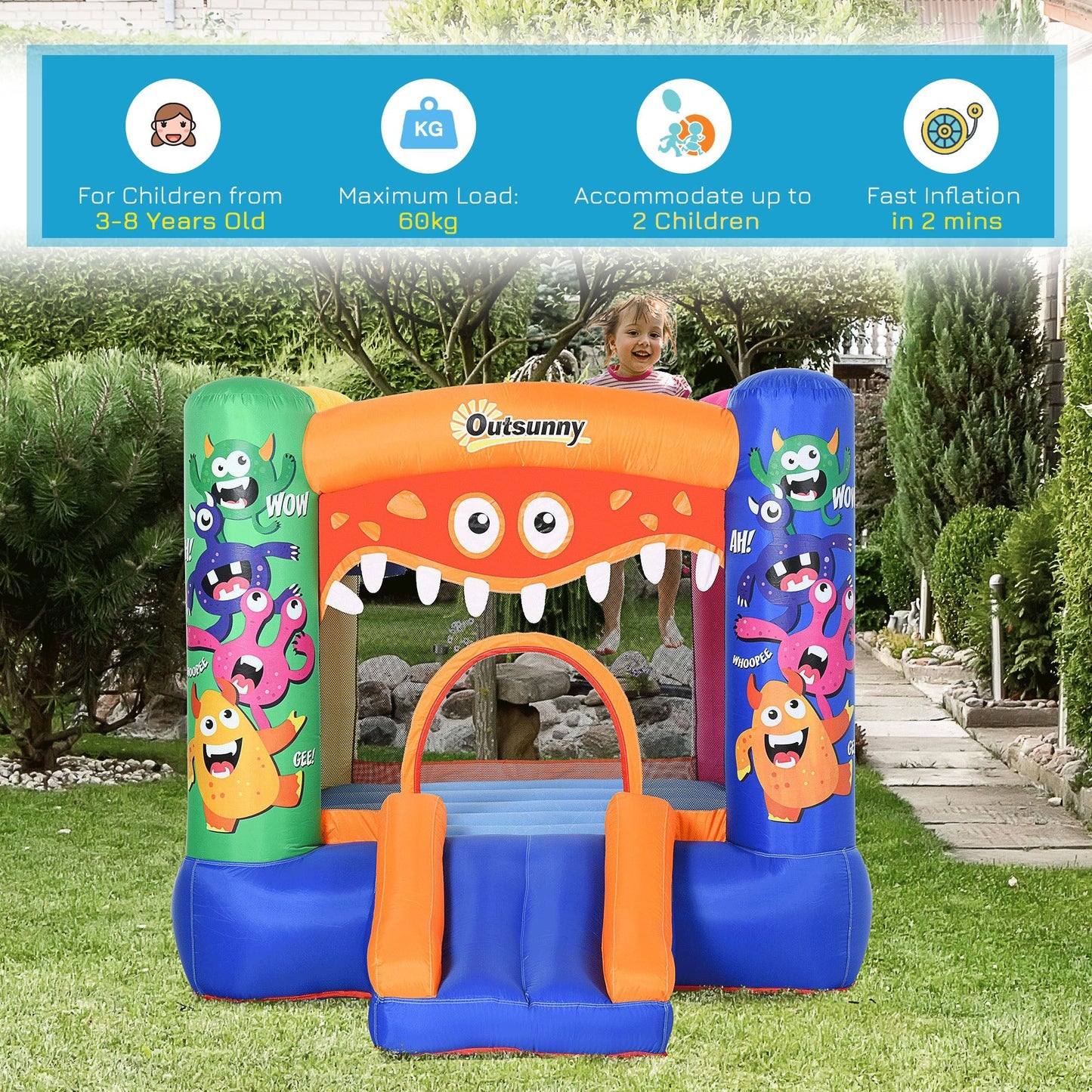 Bouncy Castle Inflatable Basket Trampoline Slide Monster Design 180 x 250 x 175 CM