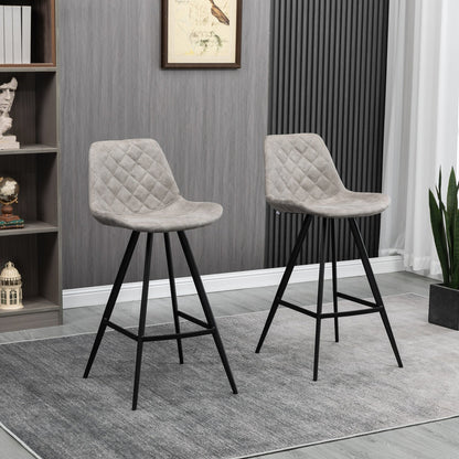 Set Of 2 Bar Stools Vintage Microfiber Cloth Tub Seat Padded Comfortable Steel Frame Footrest Quilted Home Bar Cafe Kitchen Chair Stylish Grey