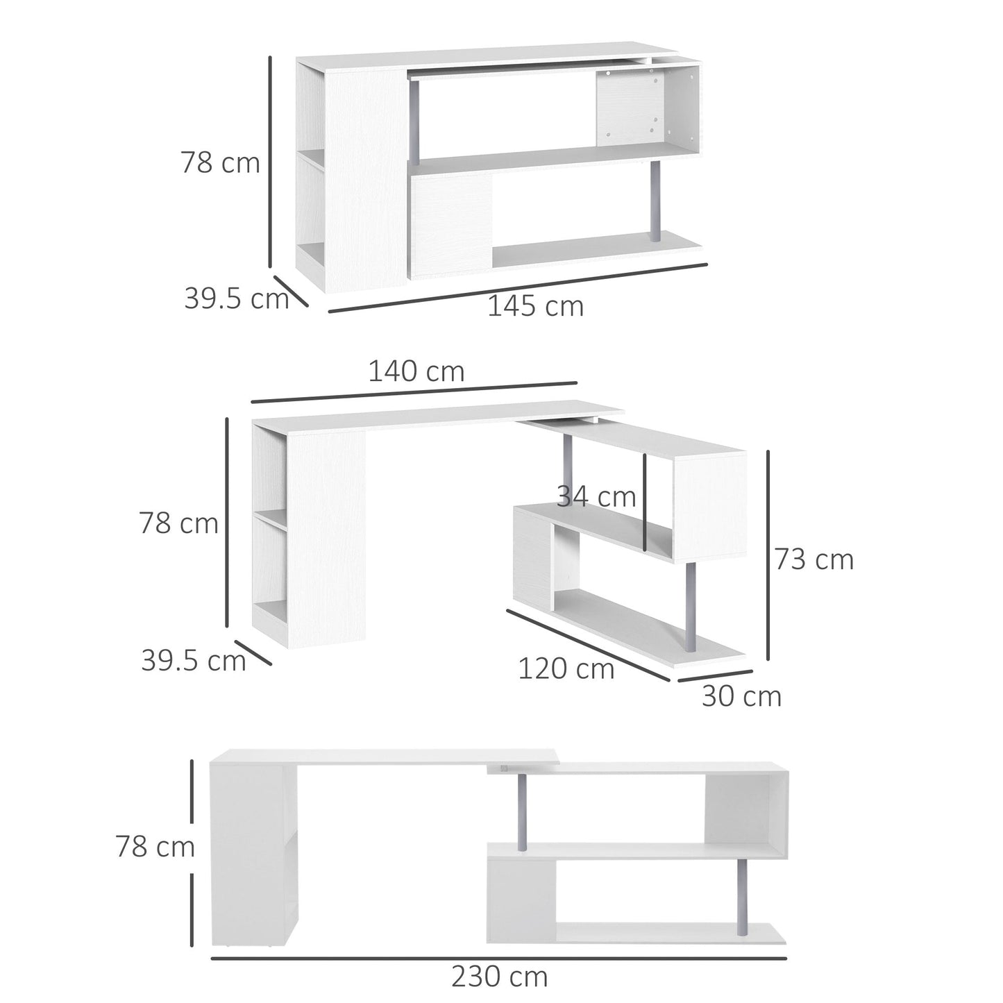 360 Degree Rotating Corner Desk Storage Shelf Combo Laptop Workstation Wood L Shaped Table Home Office - White