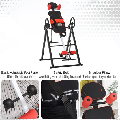 Steel Adjustable Gravity Inversion Table w/ Safety Belt Adjustable Hand Stand Home Back Stretcher Machine Red/Black