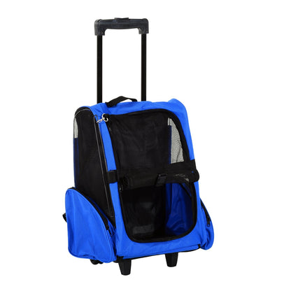 PawHut Pet Travel Backpack Bag Cat Puppy Dog Carrier w/ Trolley and Telescopic Handle Portable Stroller Wheel Luggage Bag Blue