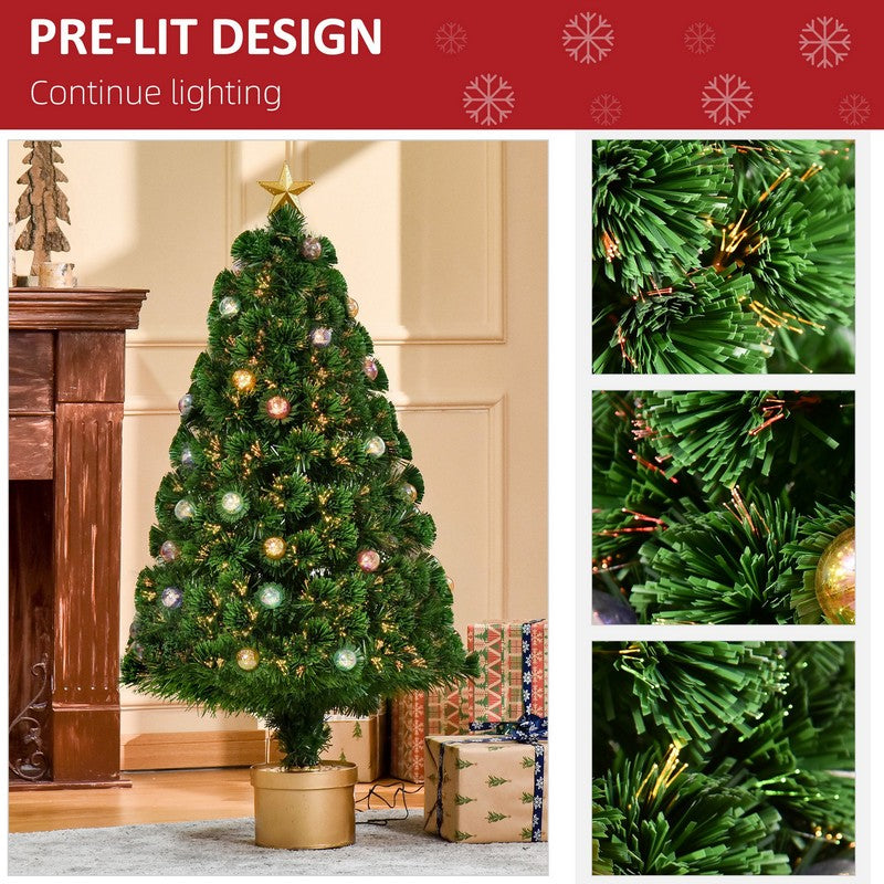 Homcom 4 Foot Prelit Artificial Christmas Tree Fiber Optic Holiday Home Xmas Indoor Decoration with Golden Stand Green