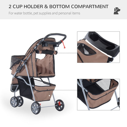 PawHut Pet Travel Stroller Cat Dog Pushchair Trolley Puppy Jogger Carrier Three Wheels for Small Miniature DogsCoffee