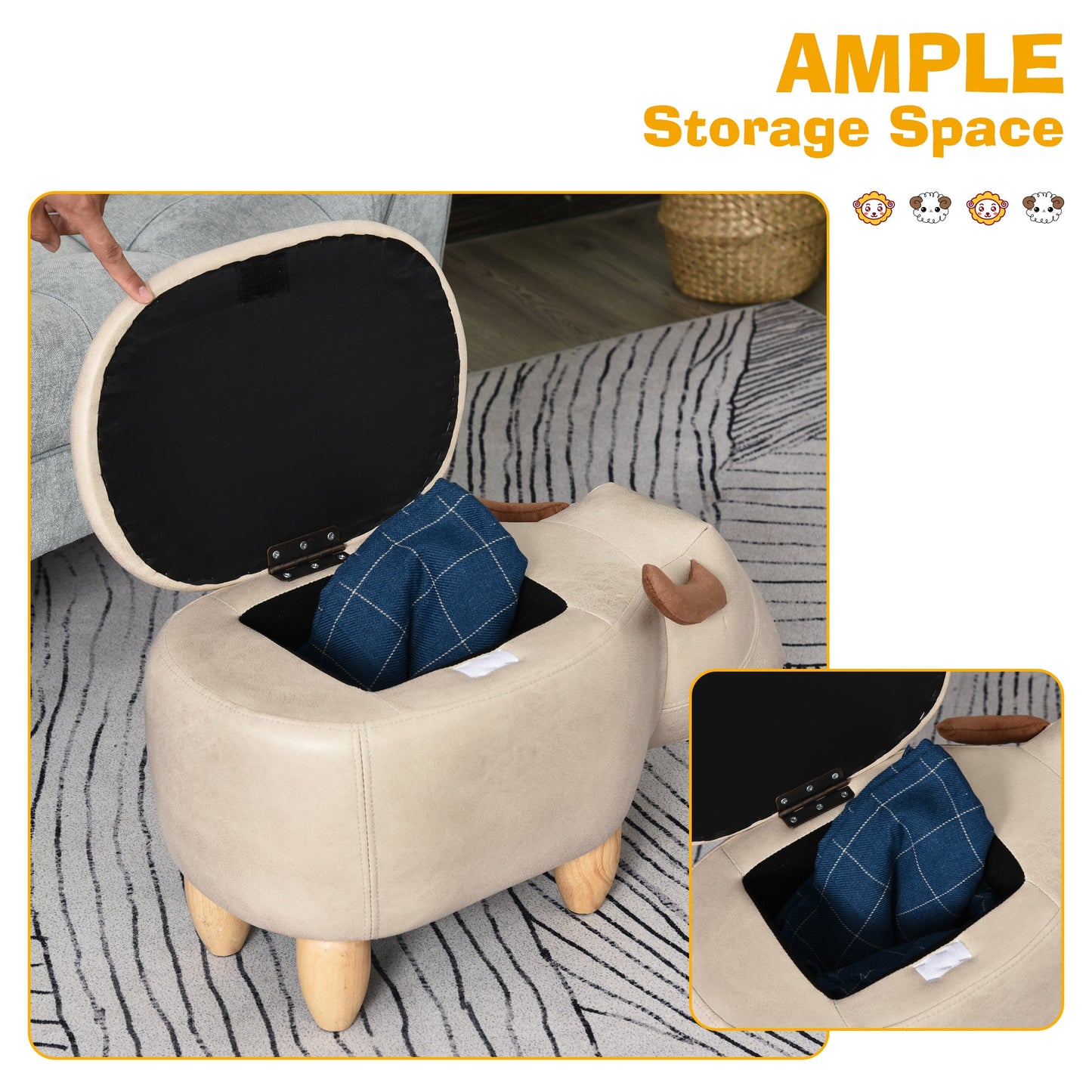 Animal footstool Buffalo Storage Stool Cute Kids Decoration Wood Frame Legs w/Padding Lid Ottoman Furniture Ivory