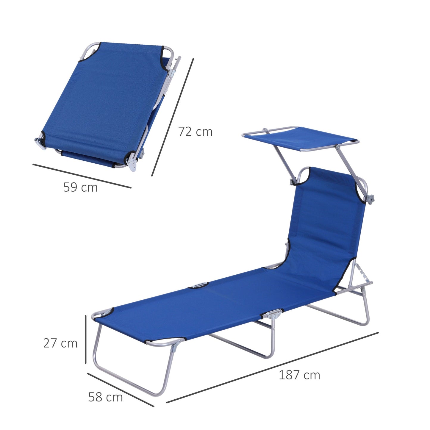 Outsunny Reclining Chair Folding Lounger Seat Sun Lounger with Sun Shade Awning Beach Garden Outdoor Patio Recliner Adjustable