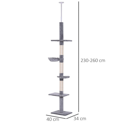 PawHut Floor to Ceiling Cat Tree for Indoor Cats 5-Tier Kitty Tower Climbing Activity Center Scratching Post Adjustable Height 230-260 cm Grey