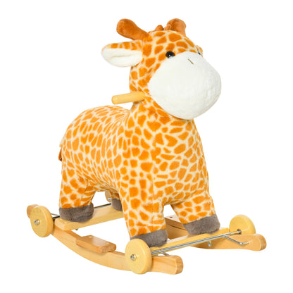 2 In 1 Kids Todder Rocking Horse Plush Ride On Giraffe Rocker with Wheels Wooden Base Animal Sounds for 36-72 Months