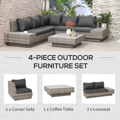 4-Piece Rattan Garden Furniture Outdoor Sectional Corner Sofa and Coffee Table Set Conservatory Wicker Weave Furniture with Armrest and Cushions - Light Grey