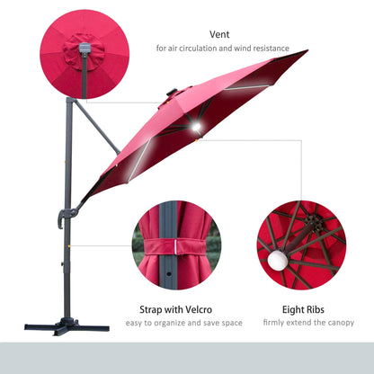 Outsunny 3(M) Led Cantilever Parasol Outdoor Sun Umbrella With Base Solar Lights Red