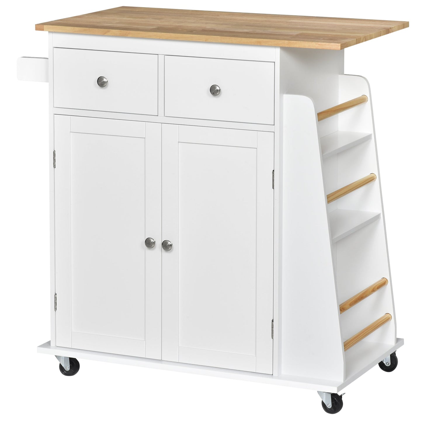 Kitchen Island Storage Cabinet Rolling Trolley with Rubber Wood Top