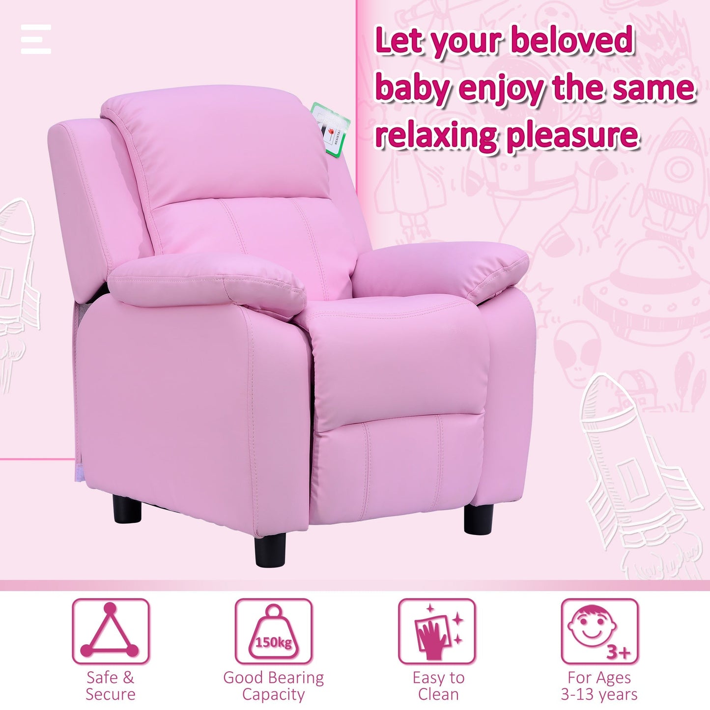 Kids Children Recliner Lounger Armchair Games Chair Sofa Seat PU Leather Look w/ Storage Space on Arms Pink