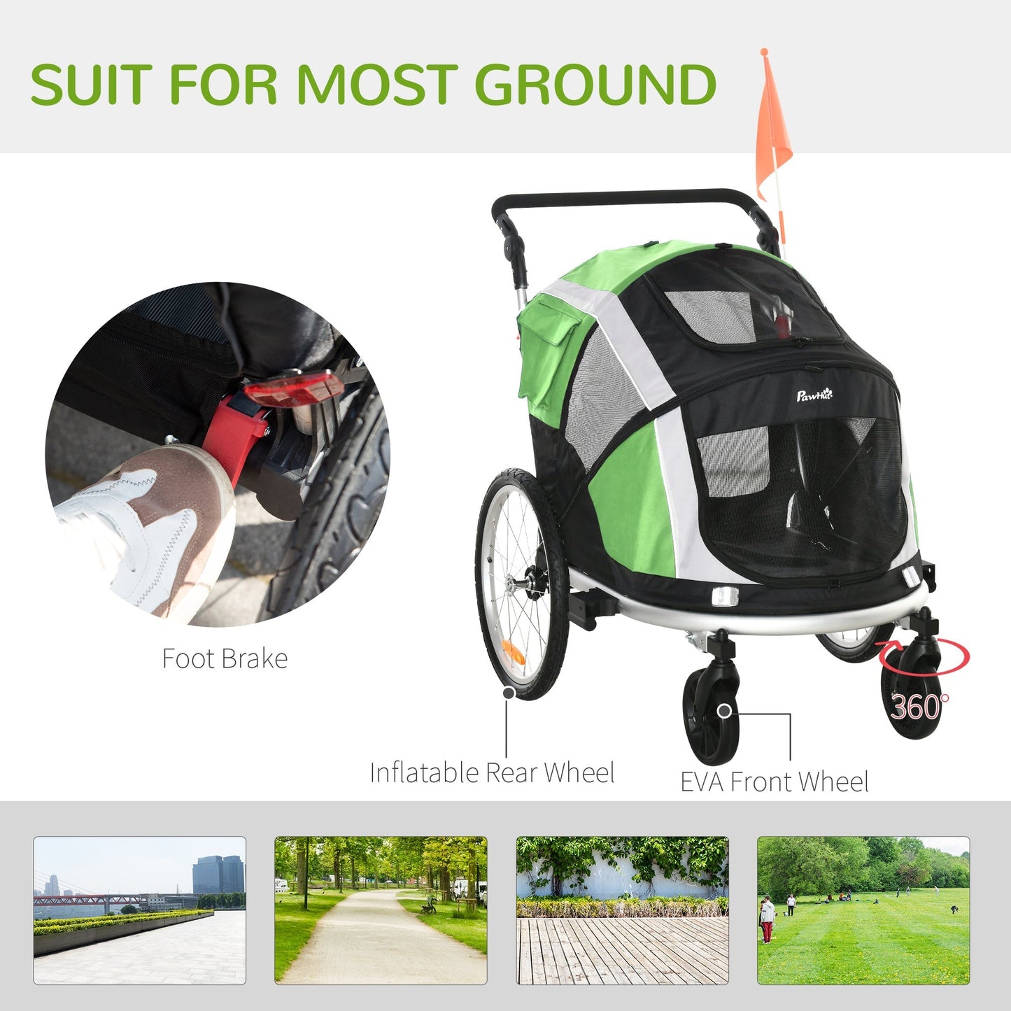 PawHut Dog Bike Trailer 2-in-1 Pet Stroller for Large Dogs Cart Foldable Bicycle Carrier Aluminium Frame with Safety Leash Hitch Coupler Reflector Flag Green