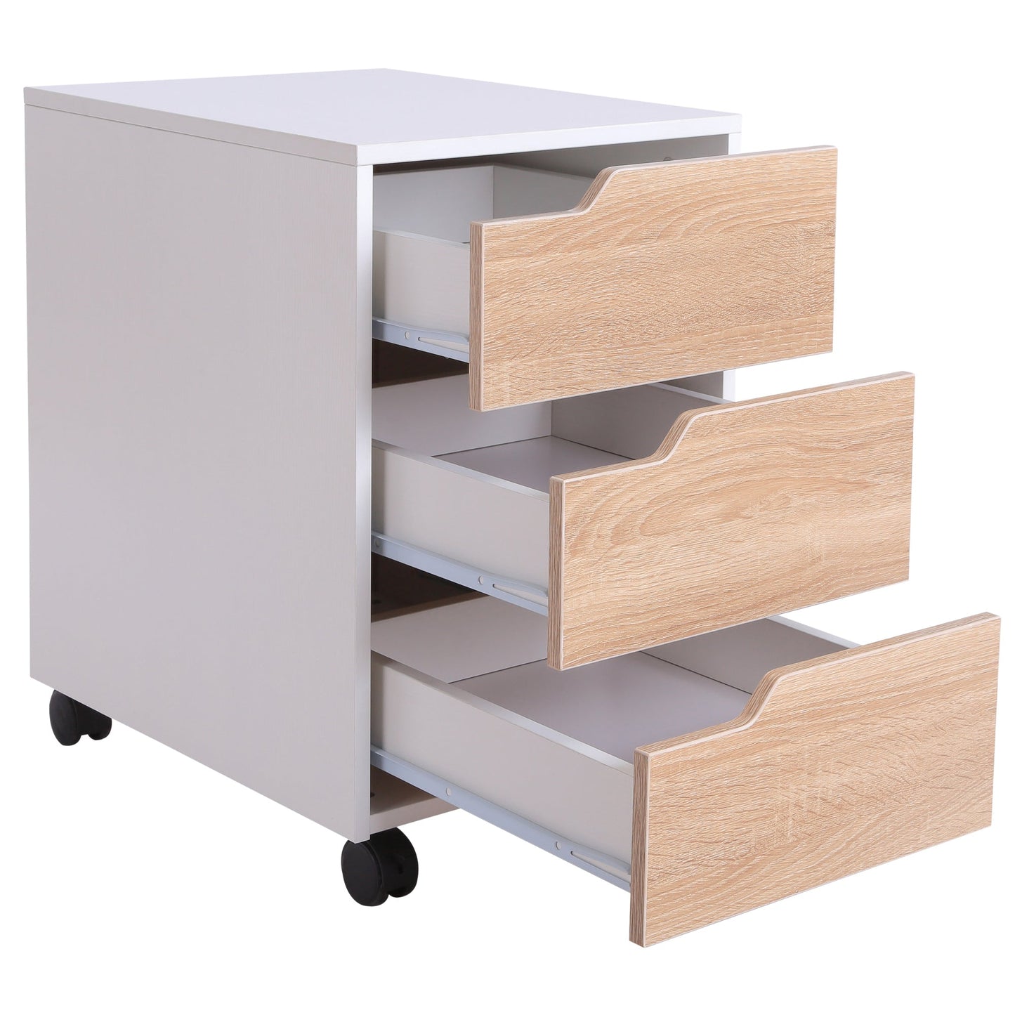 Medium-density fibreboard Mobile File Cabinet w/ 3 Drawers Locking Wheels Metal Rails Oak Tone White