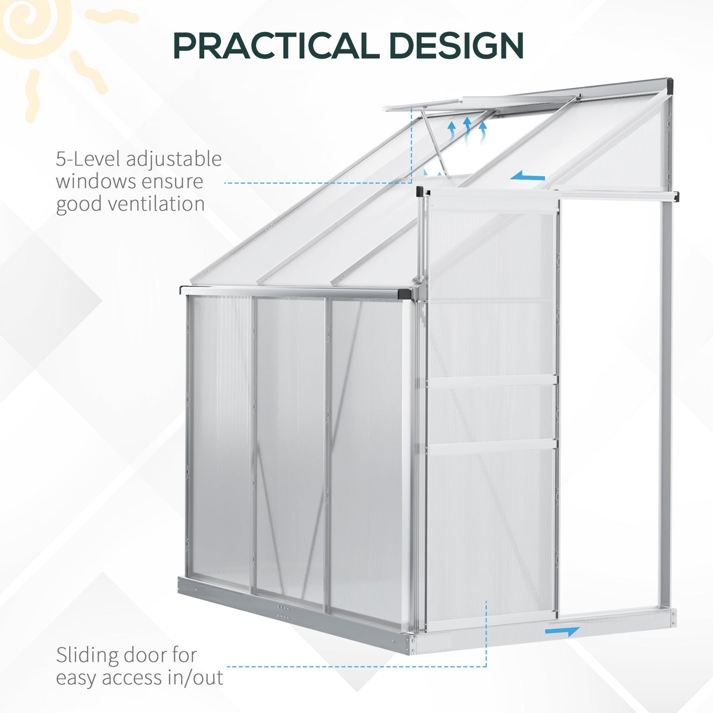 6 x 4ft Lean to Wall Polycarbonate Greenhouse Aluminium Walk-in Garden Greenhouse with Adjustable Roof Vent