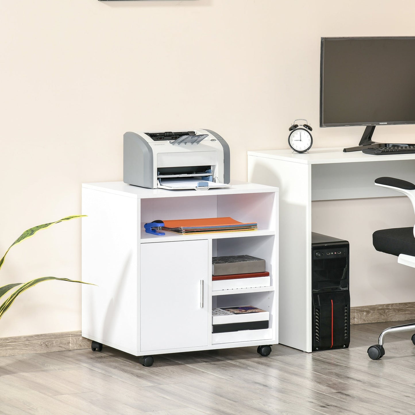 Multi-Storage Printer Stand Unit Office Desk Side Mobile Storage w/ Wheels Modern Style 60L x 50W x 65.5H cm - White