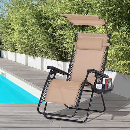 Zero Gravity Garden Deck Folding Chair Texteline Patio Sun Lounger Reclining Seat with Cup Holder & Canopy Shade - Beige