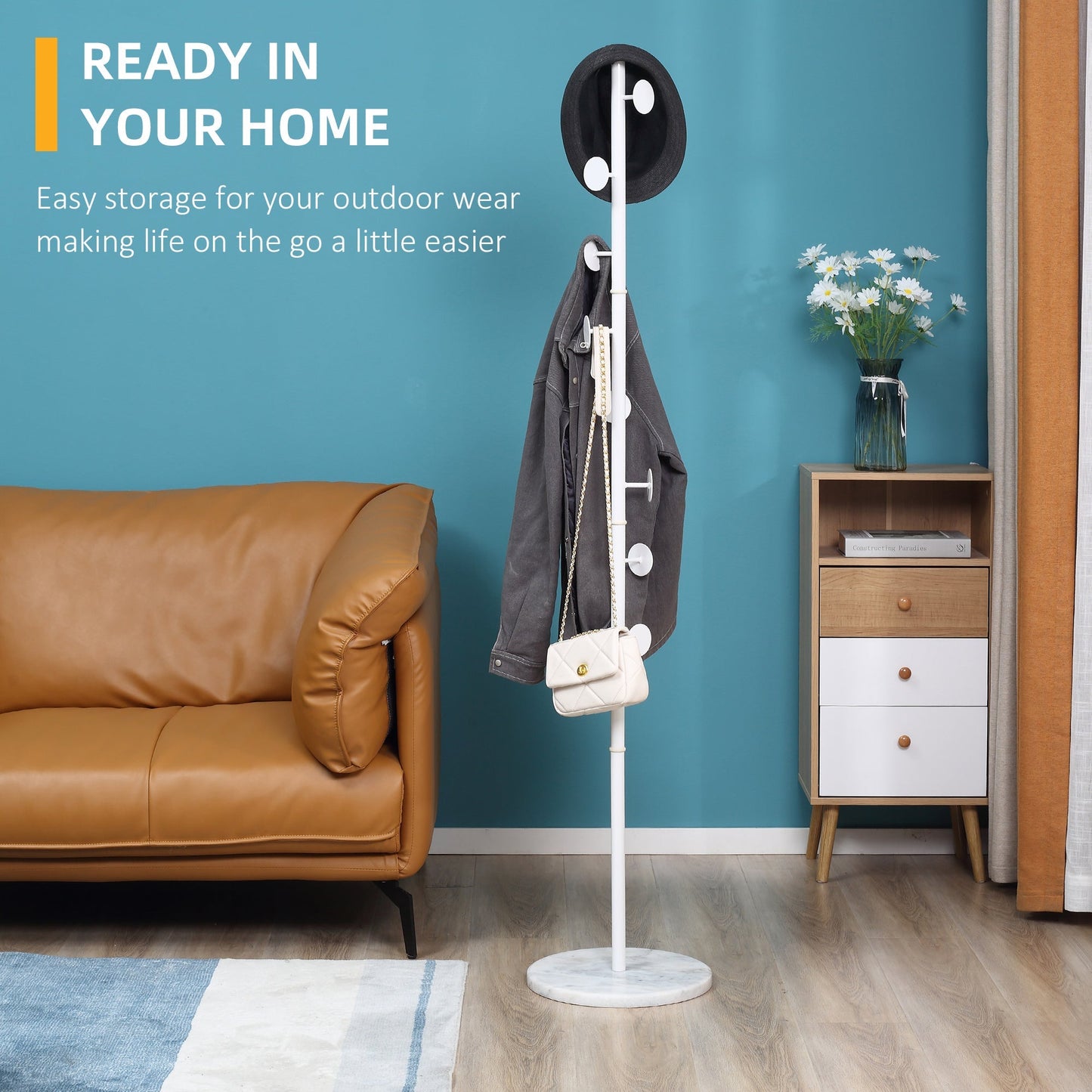 Homcom Slimline Metal Coat Stand With Round Hooks - White