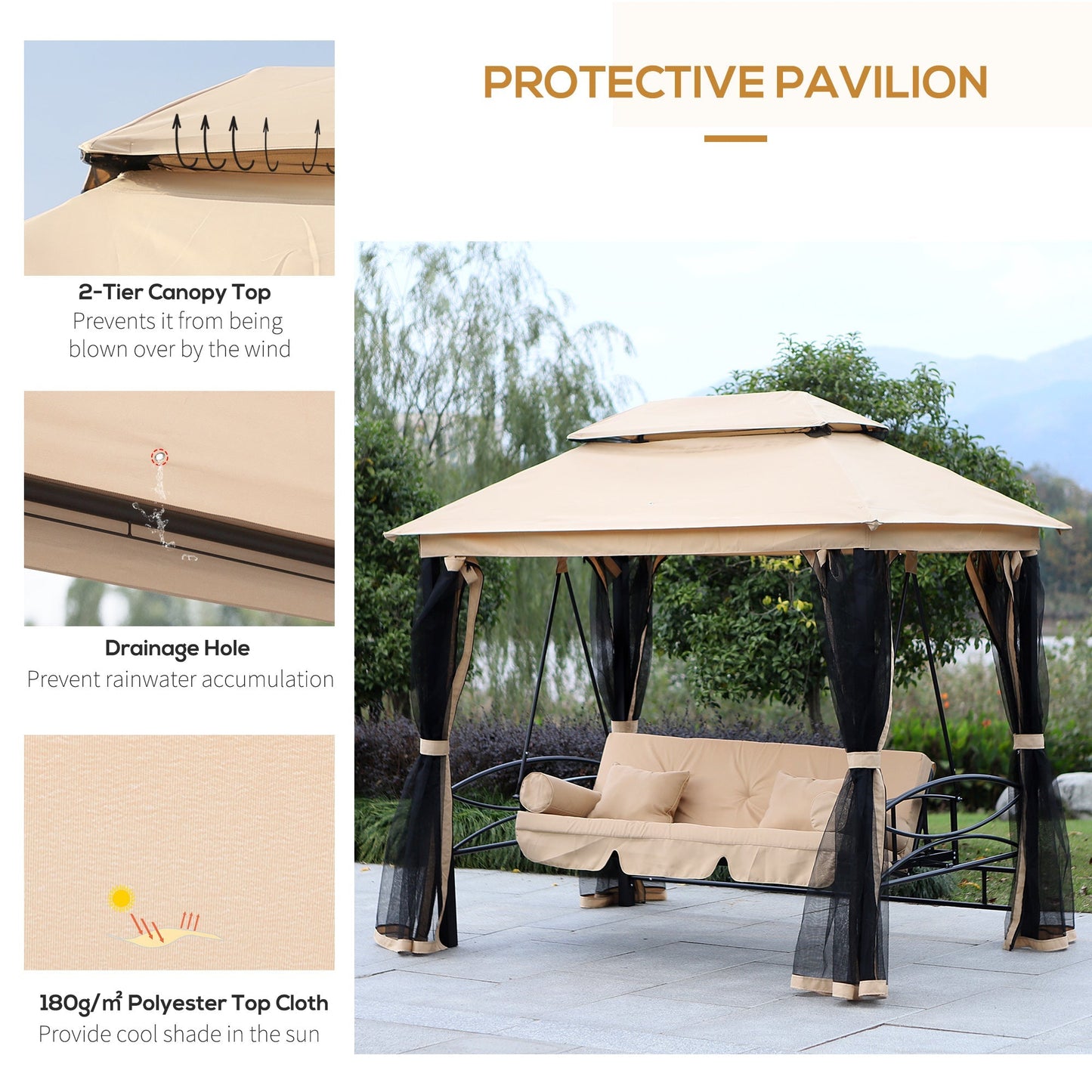 3 Seater Swing Chair 3-in-1 Convertible Garden Swing Seat Bed Gazebo Patio Bench Outdoor with Double Tier Canopy