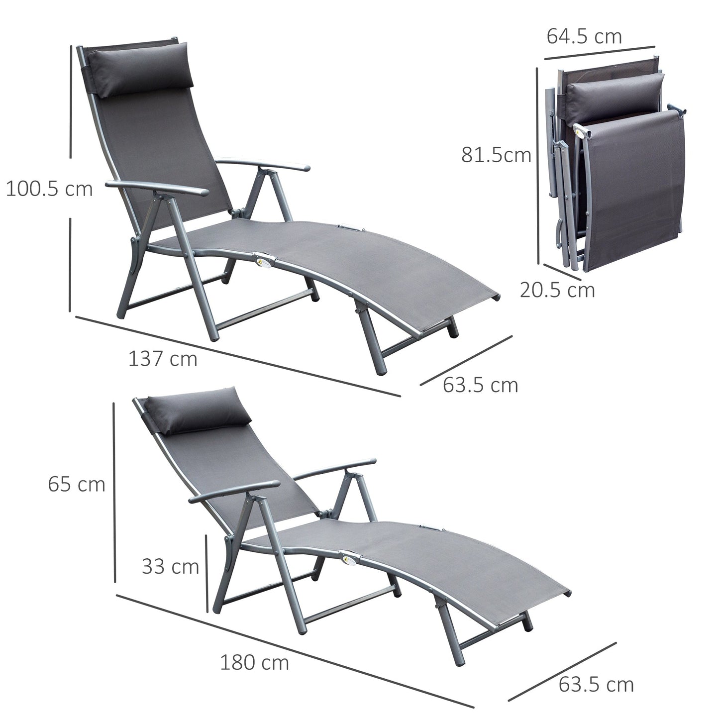 Sun Lounger Steel Frame Outdoor Folding Chaise Texteline Lounge Chair Recliner with Headrest & 7 Levels Adjustable Backrest