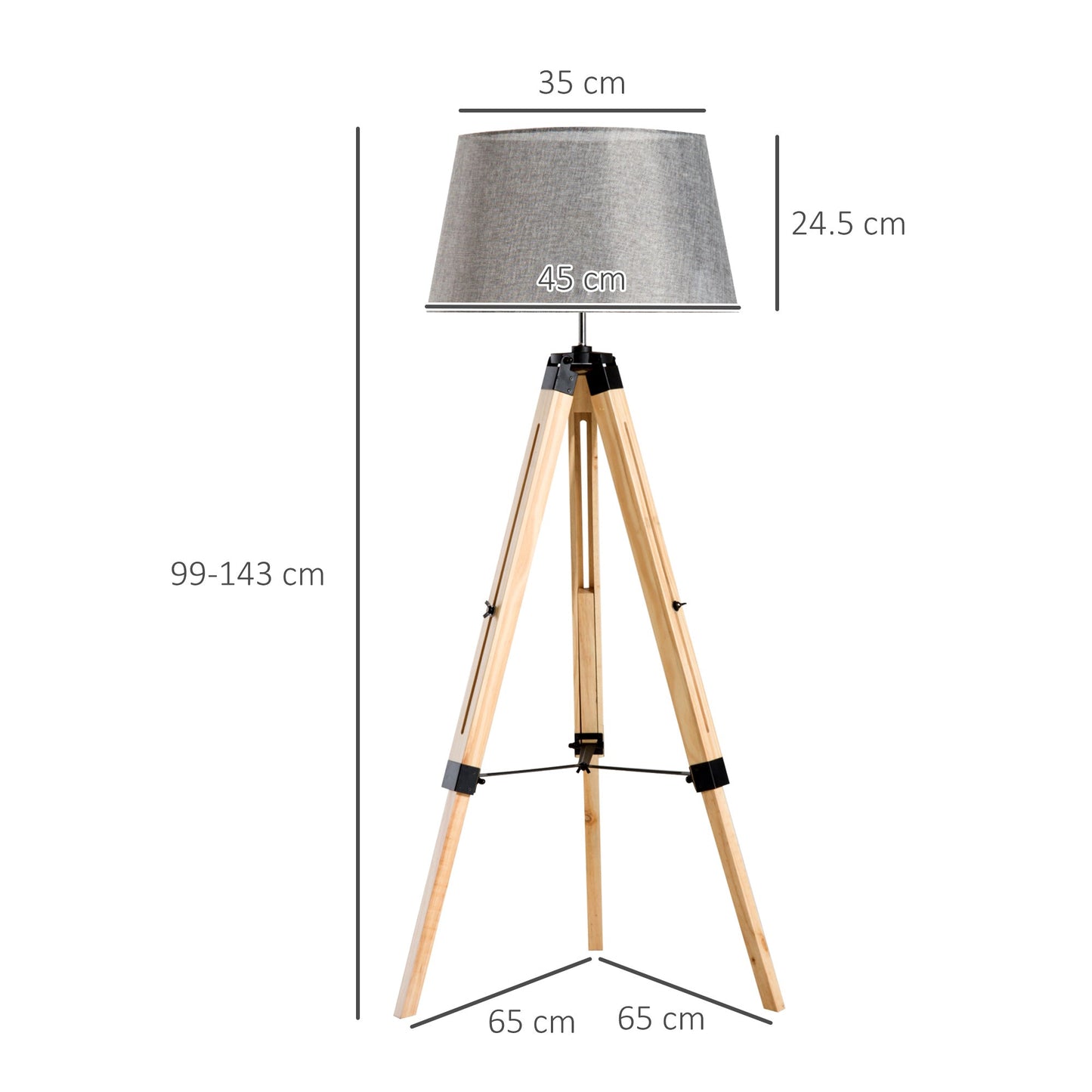 Homcom Tripod Floor Lamp Wooden Adjustable Modern Illumination Design E27 Bulb Compatible (Grey Shade) 99-143H