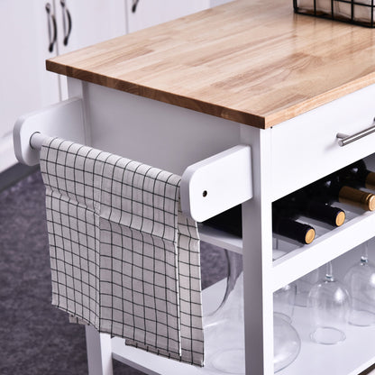 Kitchen Storage Trolley Cart Cupboard Rolling Wheels Shelves Cabinet Island W/ Drawers Towel Rail Wine Glass Rack Pine Wood Worktop White