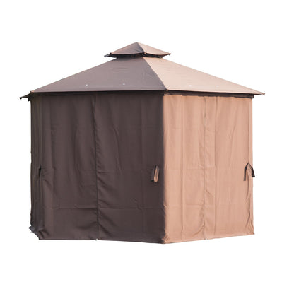 3 x 3M Hexagon Gazebo Patio Canopy Party Tent Outdoor Garden Shelter w/ 2 Tier Roof & Side Panel - Brown