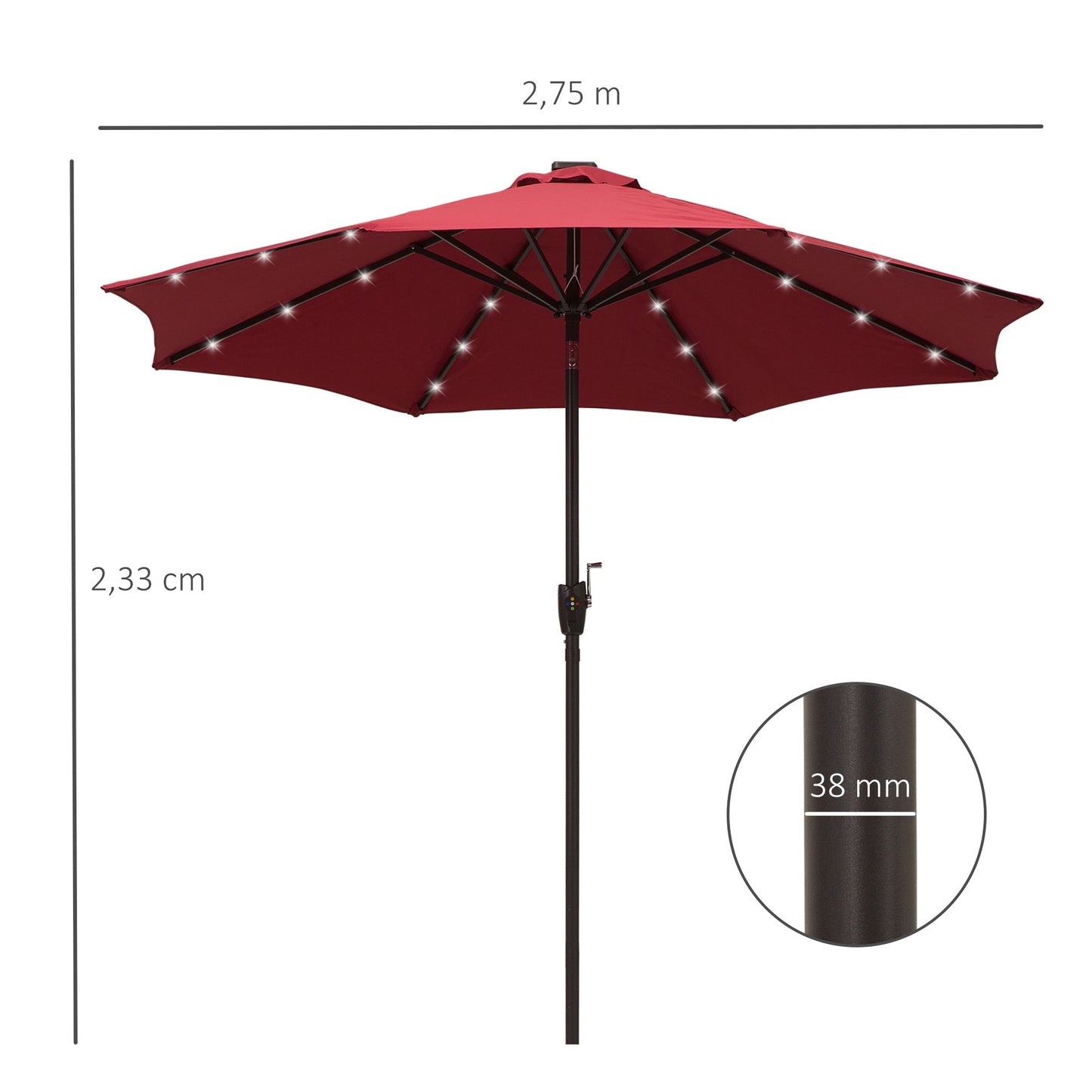 Outsunny Umbrella Parasol 24 Solar Led-Wine Red