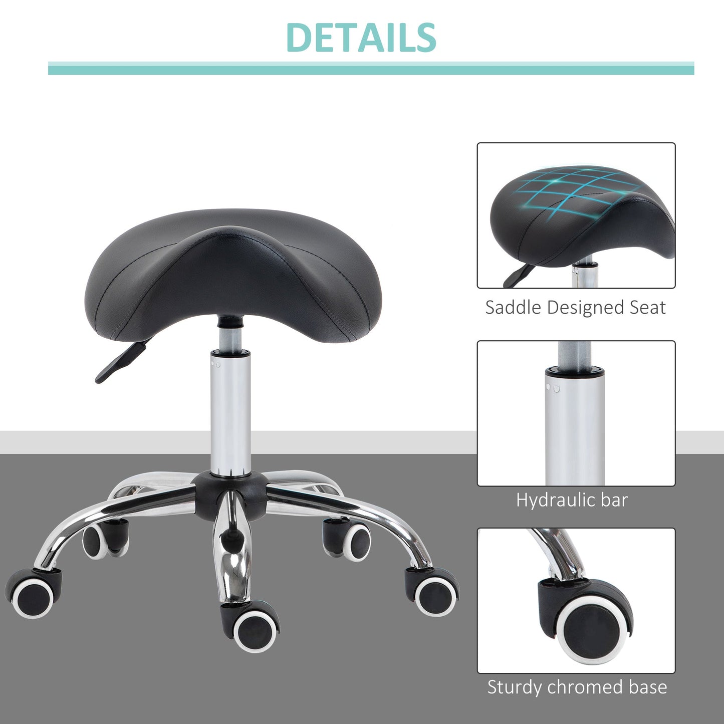 Homcom Cosmetic Stool 360 Rotate Height Adjustable Salon Massage Spa Chair Hydraulic Rolling Faux Leather Saddle Stool Mobility - Black