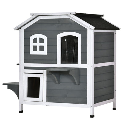 American Dream 91cm Cat House Fir Wood Grey & Black by Pawhut